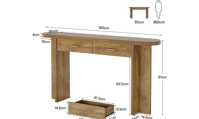 Ett elegant konsolbord med lådor i träimitation. Perfekt för hallen eller som avlastningsbord. Måttangivelser finns för enkel planering.