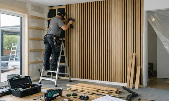 Man monterar en kapa akustikpanel på väggen med en omladdningspistol. Verktyg och material ligger utspridda på golvet.