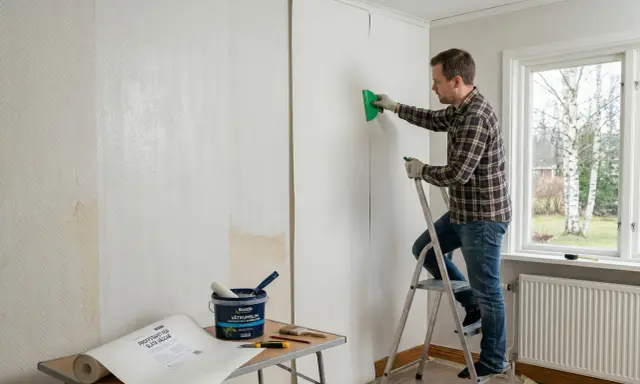 Man på en stege tapetserar en vägg med en grön spatel. Verktyg och tapetrulle syns på ett bord.