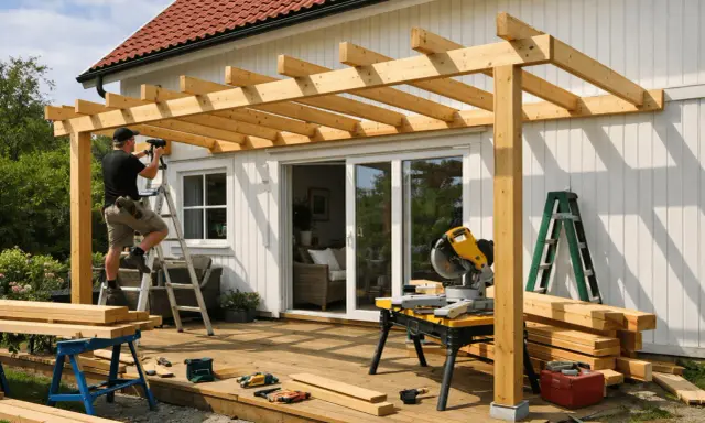 Man bygger en pergola på altanen. Trämaterial, såg och verktyg ligger redo.