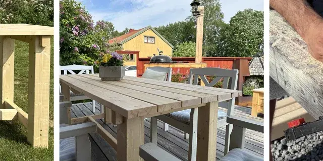 Bygga utebord: En person mäter trä för att bygga ett robust utomhusbord. Ett färdigt bord står på en altan med blommor och hus i bakgrunden.