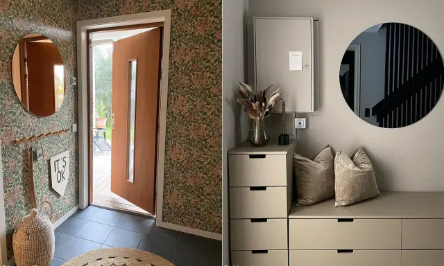 Hall spegel inspiration: en rund spegel i en hall med blommig tapet och en annan hall med en rund spegel över en byrå.