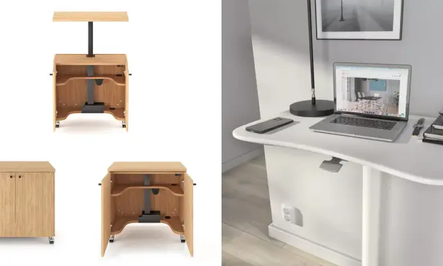 Flexibelt hemmakontor på liten yta med en vit, ergonomisk skrivbordsskiva och en mobil, träfärgad förvaringsenhet.
