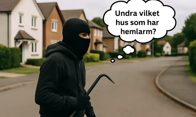 En maskerad person med ett kofot funderar på inbrott statistik och vilket hus som har hemlarm.