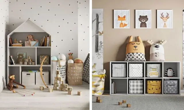 Sött litet barnrum inspiration med lekfulla förvaringslösningar, djurmotiv och prickig tapet.