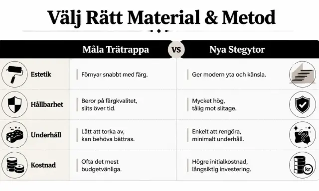 Jämförelse av att måla trappa mot nya stegytor. Fördelar och nackdelar gällande estetik, hållbarhet, underhåll och kostnad.