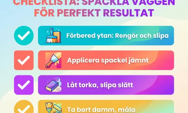 Checklista för att spackla väggen: Förbered, applicera, låt torka, slipa slätt och måla.