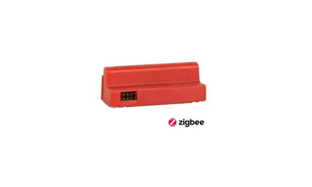 Röd Yale Doorman Zigbee-modul med sex stift.