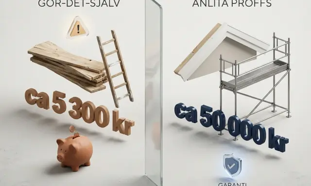 Jämförelse av att byta vindskivor själv med material och stege för ca 5 300 kr, eller anlita proffs med ställning för ca 50 000 kr.