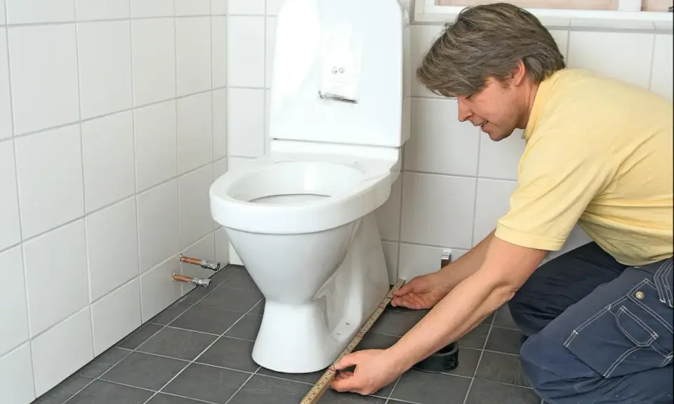Man mäter för att montera toalettstol.
