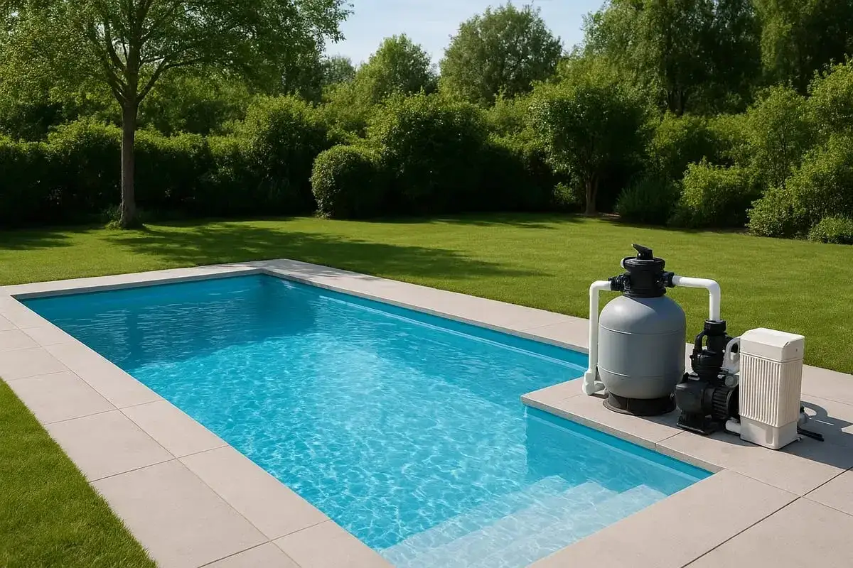 En klarblå pool med grönskande trädgård. En pump och filter syns vid poolkanten, vilket kan vara en av nackdelarna med saltvattenpool om utrustningen inte är anpassad.