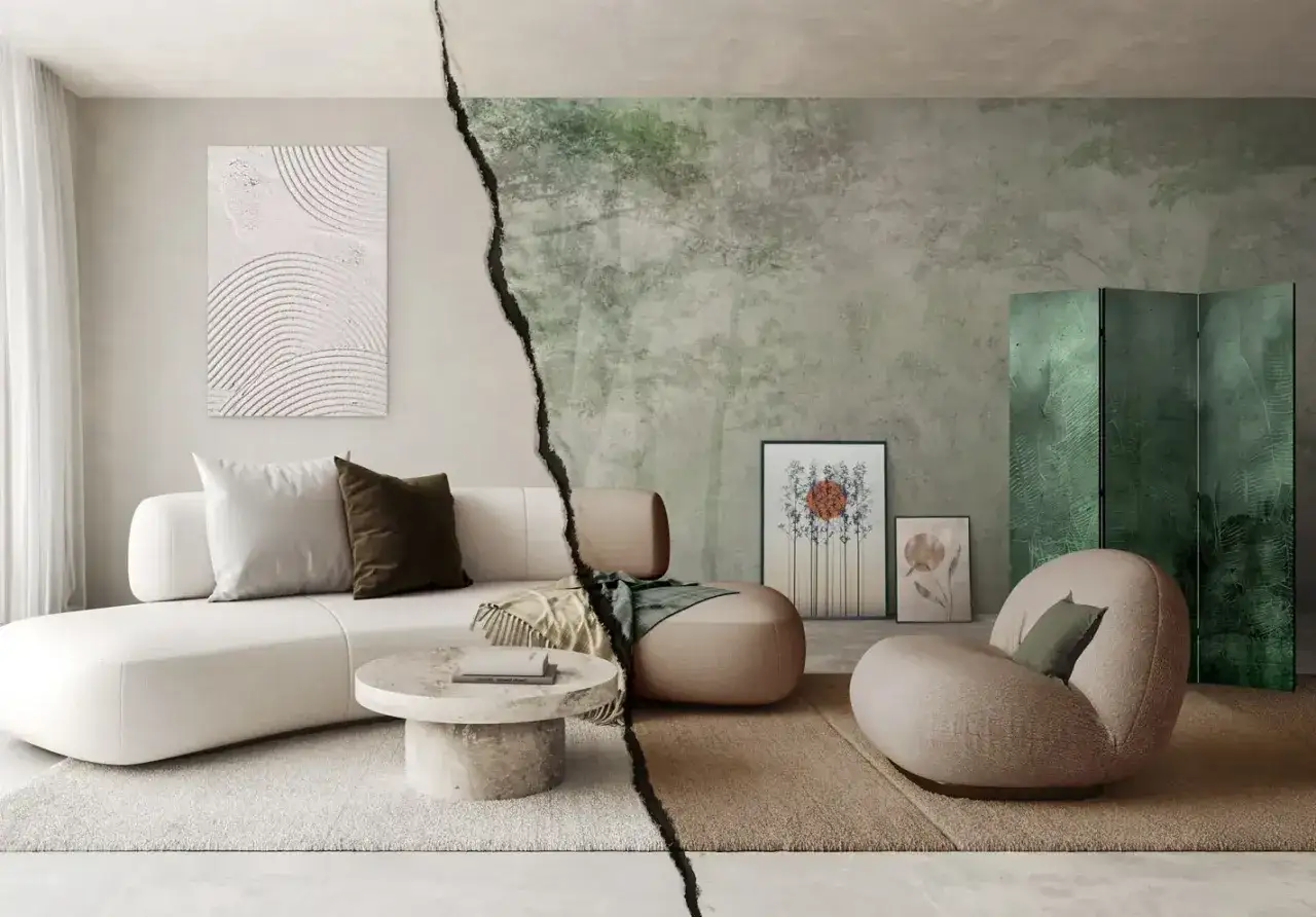 Modernt vardagsrum med en vit soffa och ett runt soffbord, delat av en spricka som avslöjar en vägg med skogstapet och en grön vikskärm. En möbel trend som kombinerar minimalism och natur.