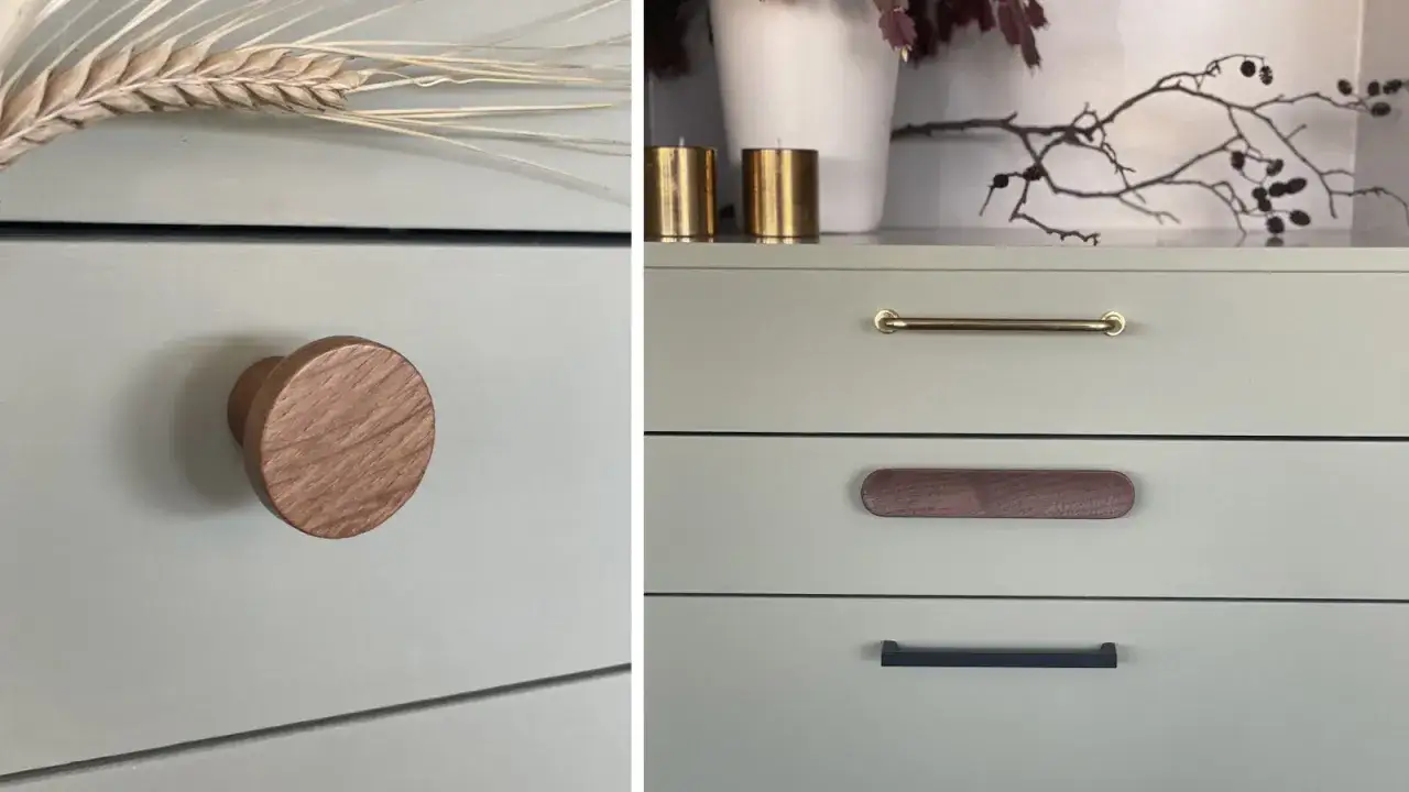 Detaljer på en ljusgrön byrå med handtag i mässing, oljad ek och svart. En rund knopp i oljad ek syns tydligt.