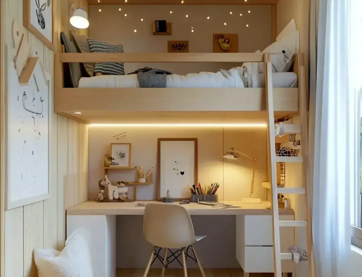 Litet barnrum inspiration med våningssäng, skrivbord och mysig belysning. Perfekt för lek och studier.