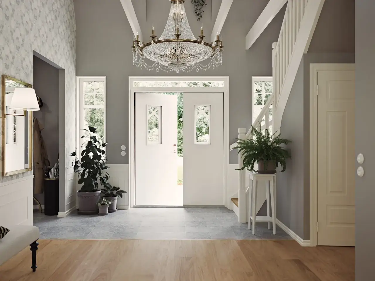 Stor hall inspiration med kristallkrona, dubbeldörrar, trappa och gröna växter. En elegant och välkomnande entré.