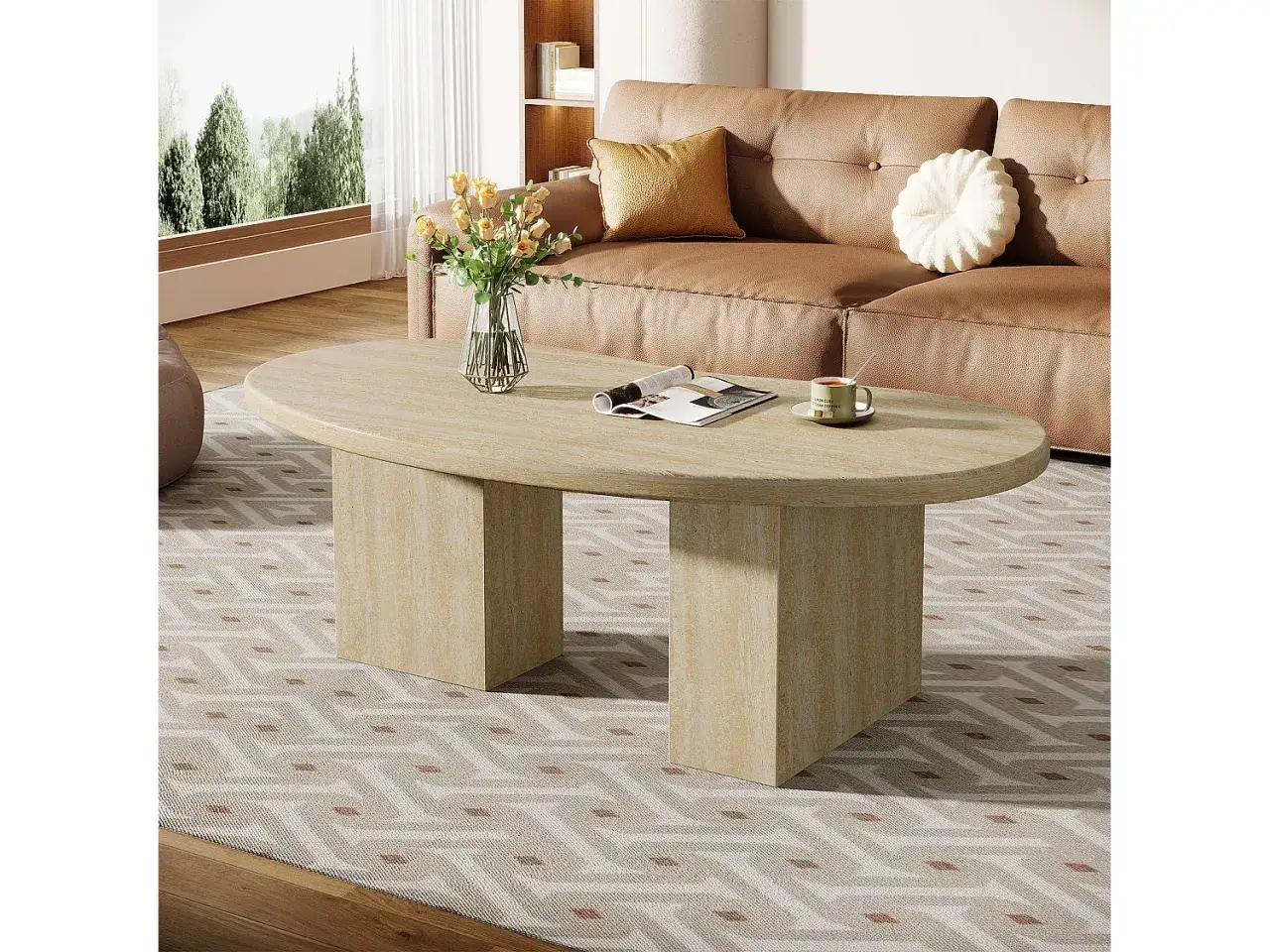 Ett elegant soffbord oval i ljus stenimitation med en tidlös design. Perfekt för att placera en bukett blommor eller en god kopp kaffe.
